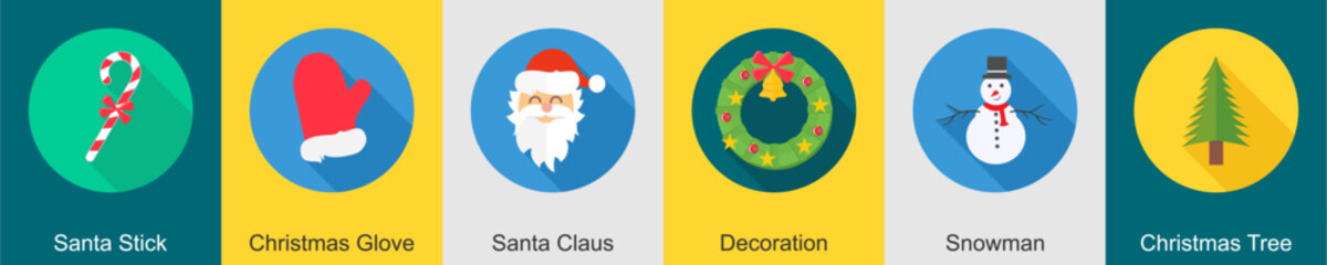 Fototapeta premium A set of 6 Christmas icons as santa stick, christmas glove, santa claus