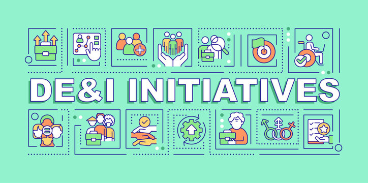DEI initiatives word concepts green banner. Corporate culture. Infographics with editable icons on color background. Isolated typography. Vector illustration with text. Arial-Black font used