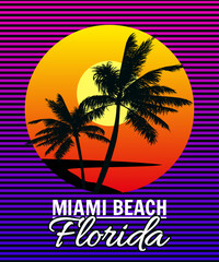 Fototapeta na wymiar Sunset Florida Miami Beach summer print t-shirt design. Poster palm tree silhouettes