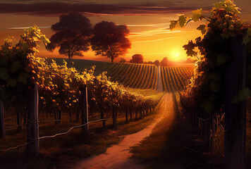 Vineyard with rows of trees at sunset created with AI