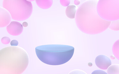 3D Podium with flying spheres in pastel colors. Mock up abstract geometric hemisphere stage, empty platform with matte gradient balls, pink purple bubbles for display cosmetic product