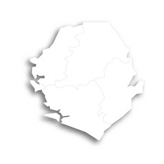Sierra Leone political map of administrative divisions - provinces and one area. Flat white blank map with thin black outline and dropped shadow.