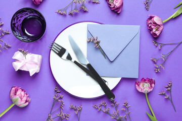 Concept of spring season table setting, top view