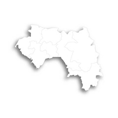 Guinea political map of administrative divisions - regions. Flat white blank map with thin black outline and dropped shadow.