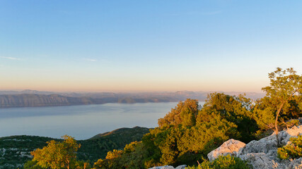 View of the beautiful forested Island of Mljet, a national park in Croatia with the peninsula Peljesac in the background