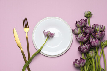 Concept of spring season table setting, top view