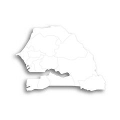 Senegal political map of administrative divisions - regions. Flat white blank map with thin black outline and dropped shadow.