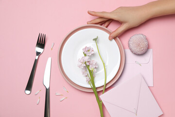 Concept of spring season table setting, top view
