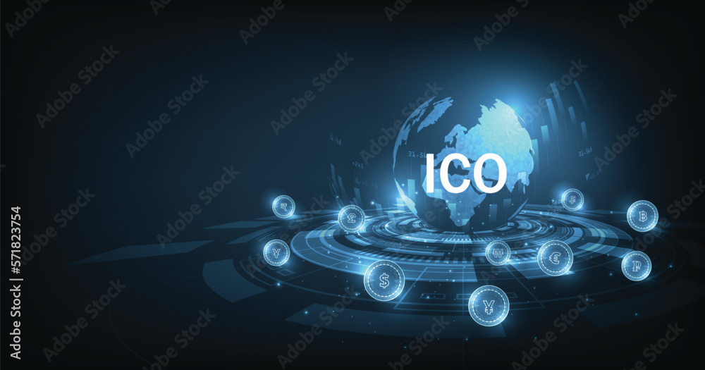 Poster initial coin offering(ico).currency exchange and it startup crowdfunding concept. ico icon and conne