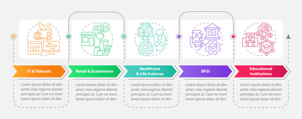 Version control end user industry rectangle infographic template. Data visualization with 5 steps. Editable timeline info chart. Workflow layout with line icons. Myriad Pro-Bold, Regular fonts used