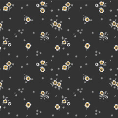 A pattern of small white and yellow flowers and gray leaves on a dark background. Graphic print, floral illustrations, floral vector, vector floral pattern.