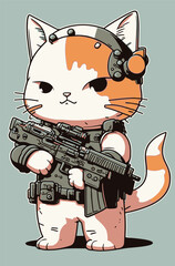 Cute army cat with rifle vector illustration - obrazy, fototapety, plakaty