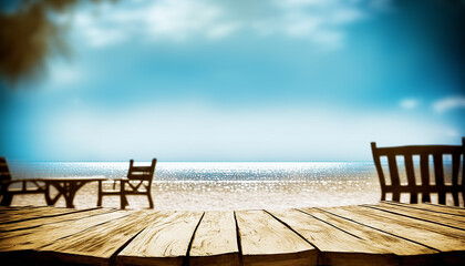 Fototapeta na wymiar Wood table top on beach Summer