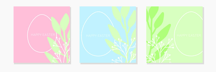 Minimal Easter card or banner. Square composition with egg and leave. Minimalistic pastel card. Vector illustration.