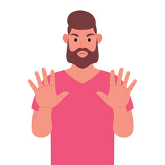 Bearded man in pink t-shirt shows stop gesture with their hands. Vector illustration.