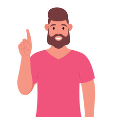 Bearded man in pink t-shirt pointing up finger while standing and smiling. Concept of a great idea. Vector illustration.