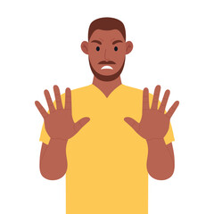 African american shows stop gesture with their hands. Vector illustration.