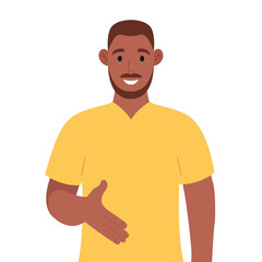 African american giving hand shake pose and smiling with welcome gesture. Vector illustration.