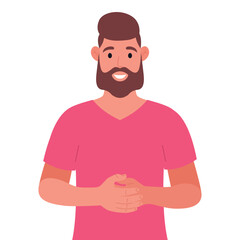 Bearded man in pink t-shirt standing with folded hands. Vector illustration.