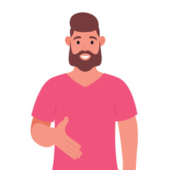 Bearded man in pink t-shirt giving hand shake pose and smiling with welcome gesture. Vector illustration.