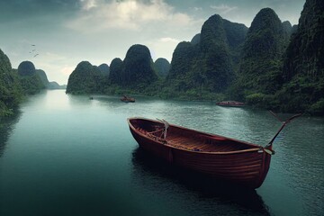 Naklejka na ściany i meble Boat trip on Trang An river, Ninh Binh, Vietnam. Generative AI