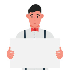 Young man holding a blank poster, empty sheet of white paper or board. Vector illustration.
