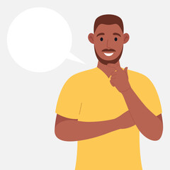African american thinks. Pondering on particular belief or idea, empty cloud bubble for text or image. Vector illustration.