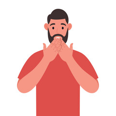 Obraz premium Bearded man shocked covering mouth with hand for mistake. Expression of fear, scared in silence, secret concept. Vector illustration.