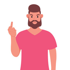 Bearded man in pink t-shirt showing off middle fingers. Obscene gesture. Vector illustration.