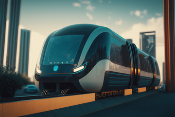 Obraz premium City electric future of mobility. Electric travel. Tramway