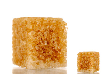 Two cubes of brown sugar, macro, isolated on white background.