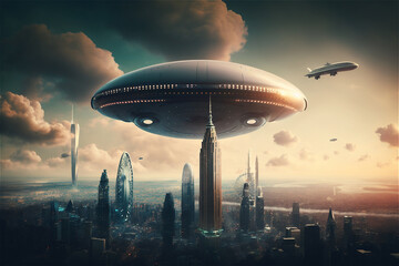 Naklejka na ściany i meble City electric future of mobility. Electric travel. Flying zeppelin