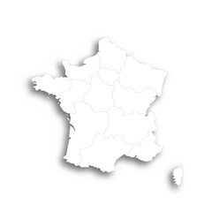 France political map of administrative divisions - regions. Flat white blank map with thin black outline and dropped shadow.