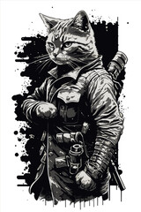 Cat wearing military outfit with assault rifle