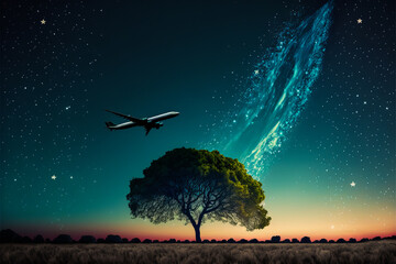 Majestic view of an airliner flying in the starry night sky, with a solitary tree. Beautiful, serene and powerful image with a view of the Milky Way. Generative AI