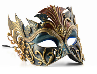 Festive face mask for carnival celebration on white background, generative ai