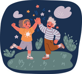 Cartoon vector illustration o little girl and boy giving high five to each other. Children friendship
