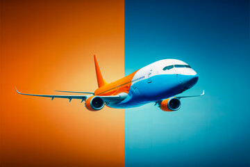 The modern look of this blue and orange airliner for an airline is synonymous with power and safety. Generative AI