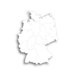 Germany political map of administrative divisions - federal states. Flat white blank map with thin black outline and dropped shadow.