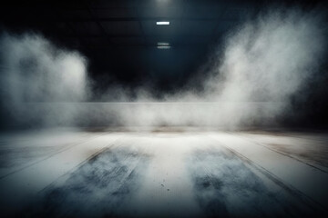 Indoor ice rink with fog and steam empty with no players and arena for spectators, illuminated sophisticates before hockey and figure skating games. Generative AI