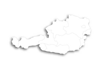 Austria political map of administrative divisions - federal states. Flat white blank map with thin black outline and dropped shadow.