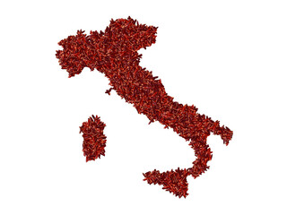 Map of Italy made with red rice grains on a white isolated background. Export, production, supply, agricultural or health concept.
