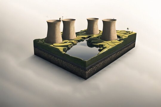 Mini nuclear power plant with a lake and a river - Isometric education science illustration, contamination nuclear energy, contamination and pollution