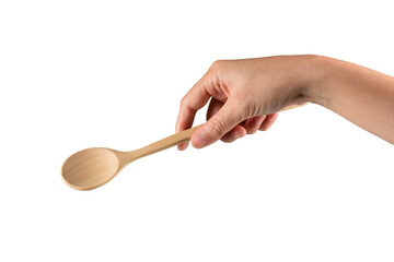 Hand holding wooden spoon on transparent background.