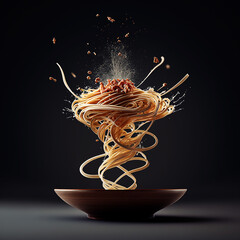 Italian spaghetti levitates over a plate on a dark background. Generative AI.