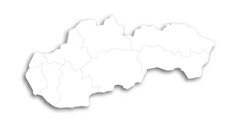Slovakia political map of administrative divisions - regions. Flat white blank map with thin black outline and dropped shadow.
