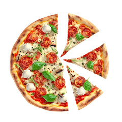 Sliced Italian pizza with ingredients floating in the air on a white background. Generative AI.
