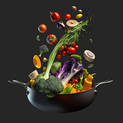 Levitating fresh vegetables in a saucepan: tomato, cabbage, broccoli, greens. Generative AI.