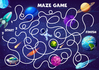 Space labyrinth maze find astronaut, rocket, Earth
