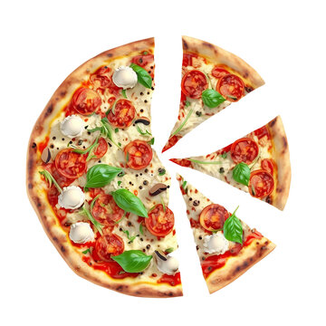 Sliced Italian Pizza With Ingredients Floating In The Air On A White Background. Generative AI.